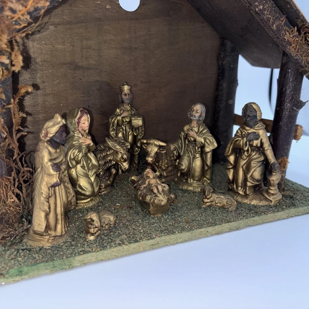 VTG Nativity Scene Crèche Set Rustic Stable Antique Gold Look Fixed Figurines